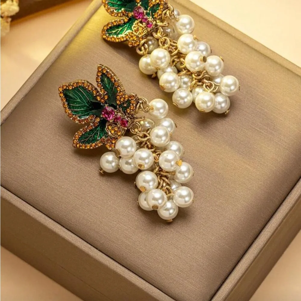 Elegant Pearl and Green Leaf Earrings